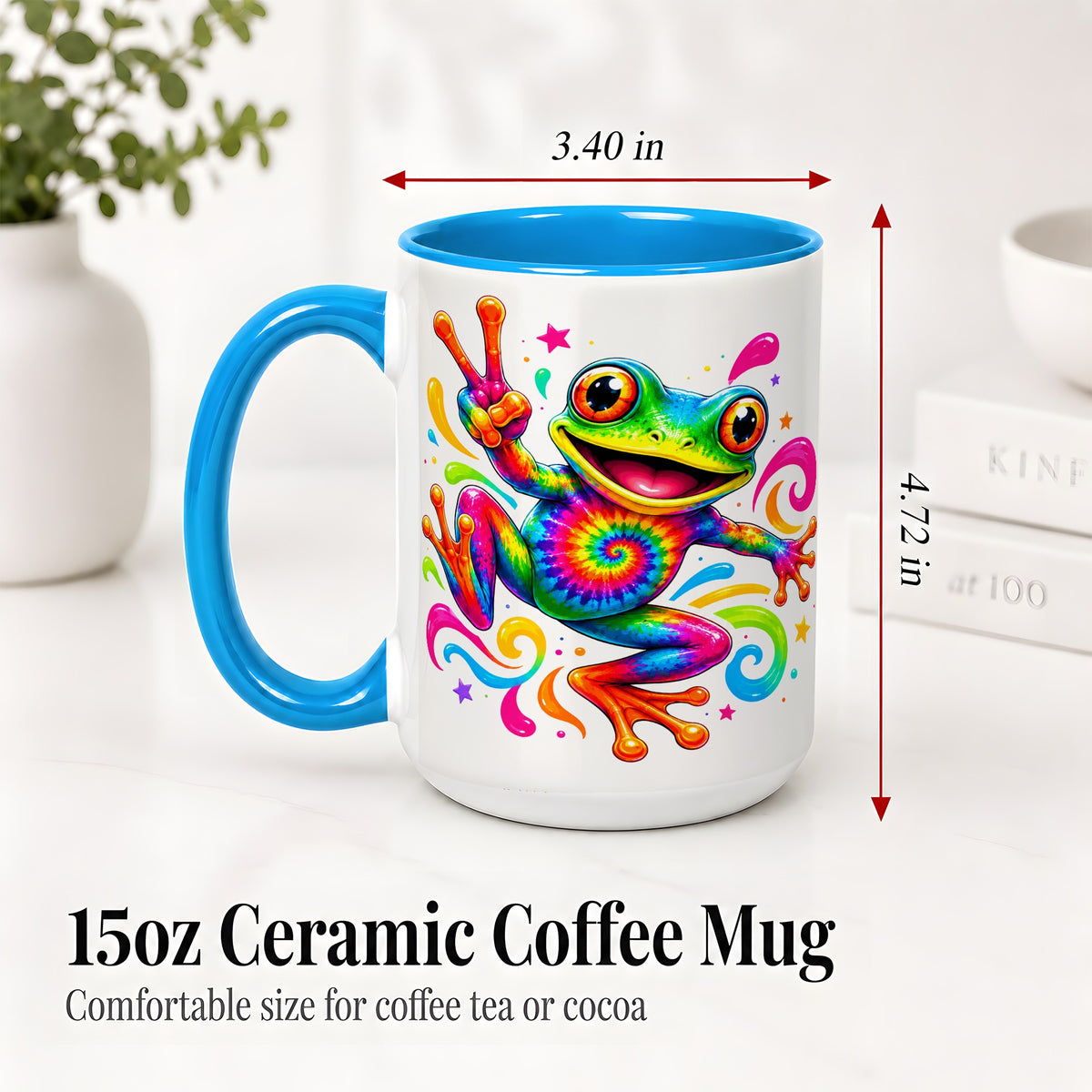 #pl[15oz|Blue] Tie Dye Frog Ceramic Mug, Rainbow Peace Sign Colorful Artwork