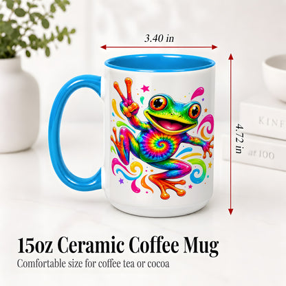 #pl[15oz|Blue] Tie Dye Frog Ceramic Mug, Rainbow Peace Sign Colorful Artwork