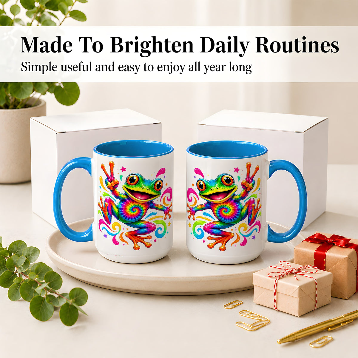 #pl[15oz|Blue] Tie Dye Frog Ceramic Mug, Rainbow Peace Sign Colorful Artwork