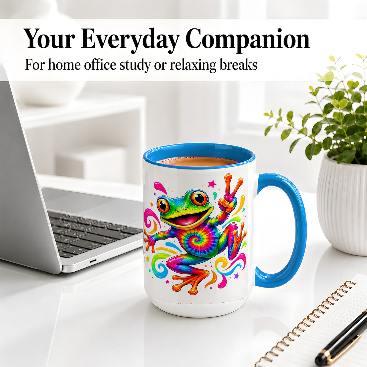 #pl[15oz|Blue] Tie Dye Frog Ceramic Mug, Rainbow Peace Sign Colorful Artwork