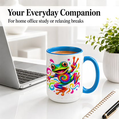 #pl[15oz|Blue] Tie Dye Frog Ceramic Mug, Rainbow Peace Sign Colorful Artwork