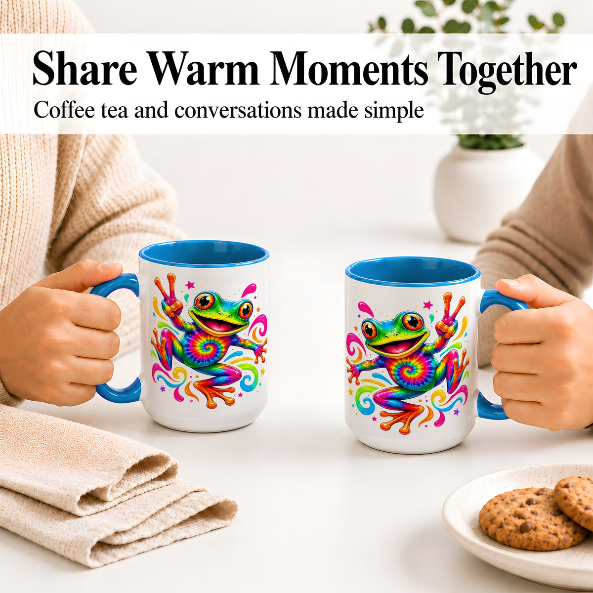 #pl[15oz|Blue] Tie Dye Frog Ceramic Mug, Rainbow Peace Sign Colorful Artwork