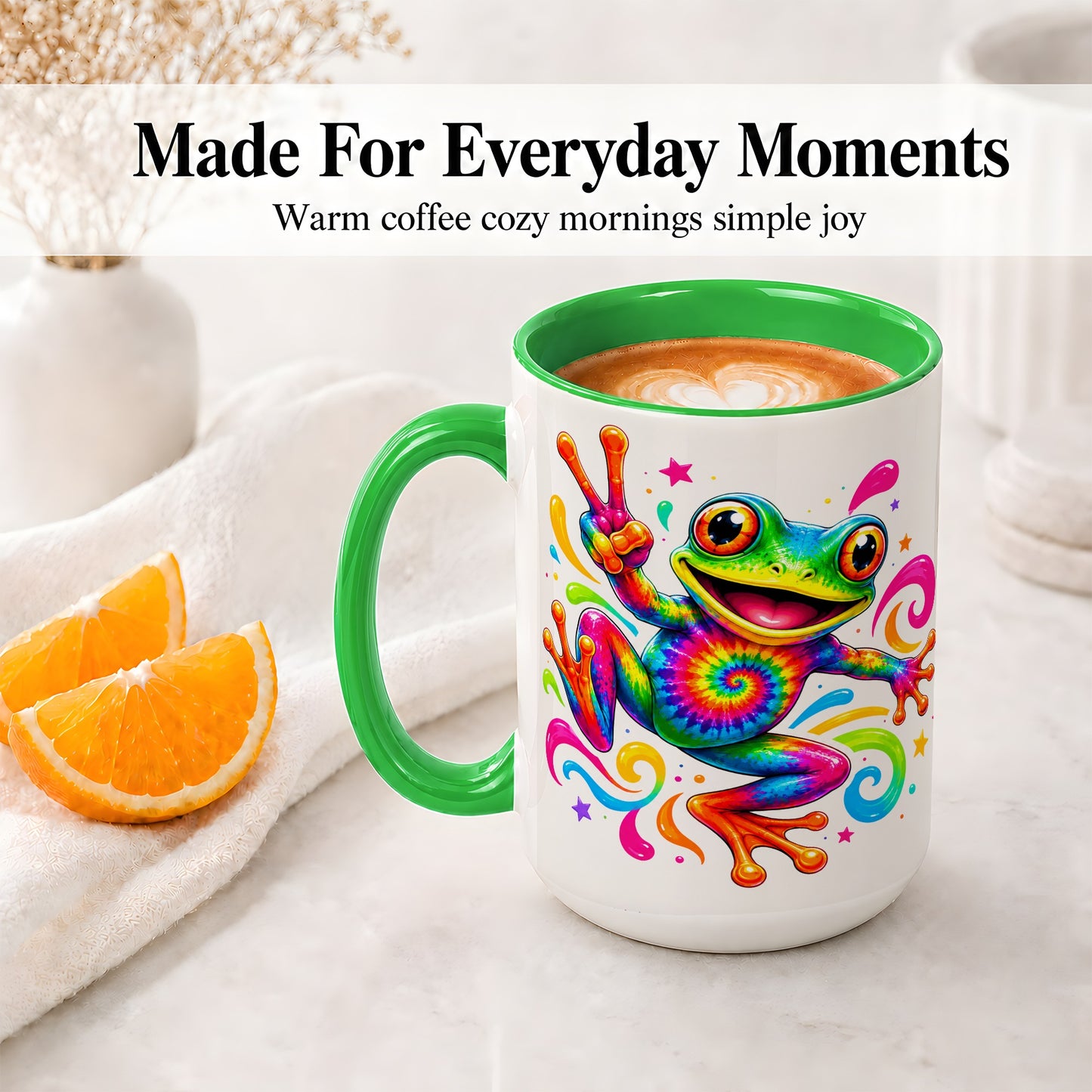 #pl[15oz|Green] Tie Dye Frog Ceramic Mug, Rainbow Peace Sign Colorful Artwork