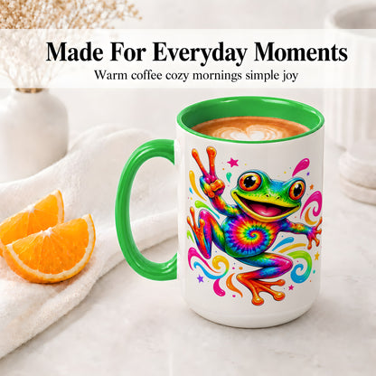 #pl[15oz|Green] Tie Dye Frog Ceramic Mug, Rainbow Peace Sign Colorful Artwork