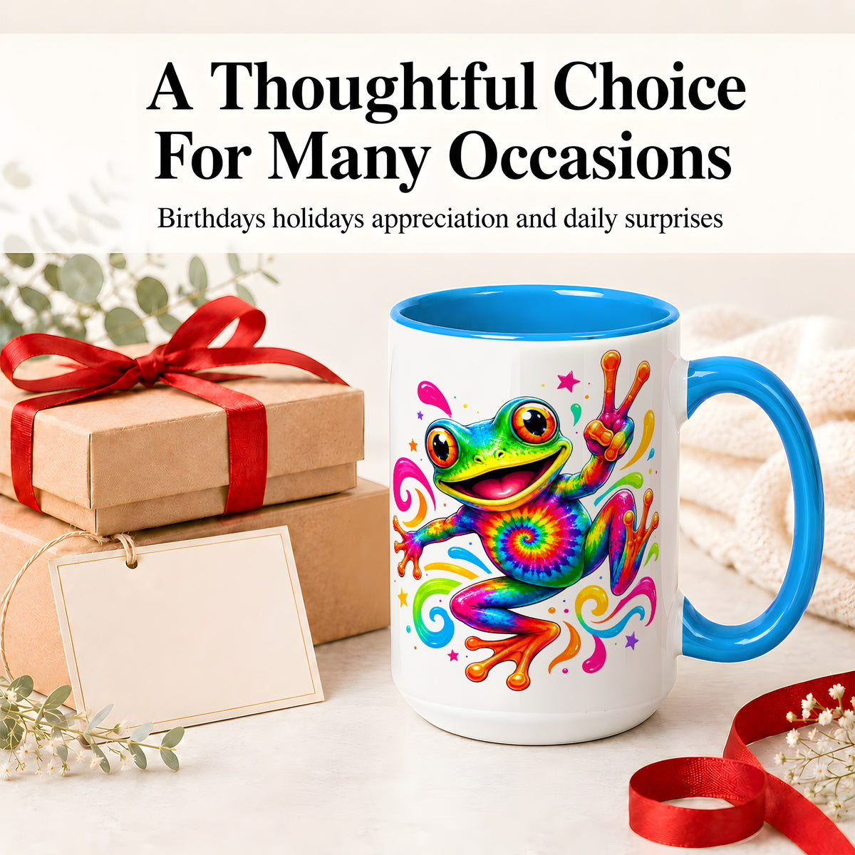 #pl[15oz|Blue] Tie Dye Frog Ceramic Mug, Rainbow Peace Sign Colorful Artwork