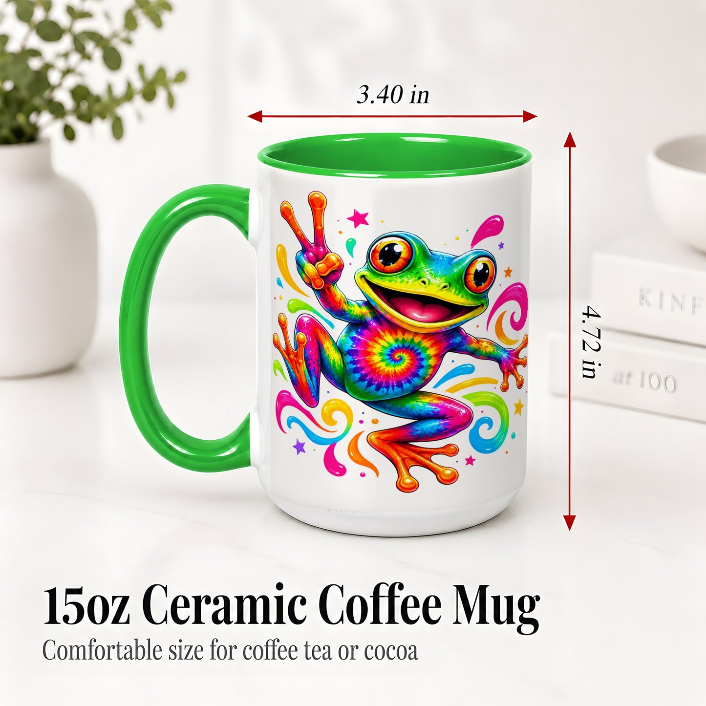 #pl[15oz|Green] Tie Dye Frog Ceramic Mug, Rainbow Peace Sign Colorful Artwork