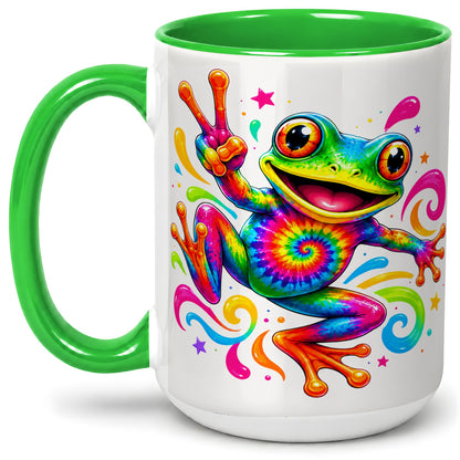 #pl[15oz|Green] Tie Dye Frog Ceramic Mug, Rainbow Peace Sign Colorful Artwork