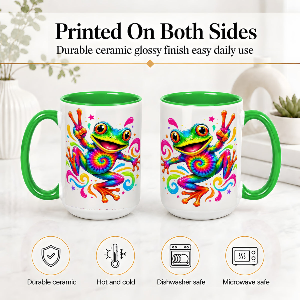 #pl[15oz|Green] Tie Dye Frog Ceramic Mug, Rainbow Peace Sign Colorful Artwork