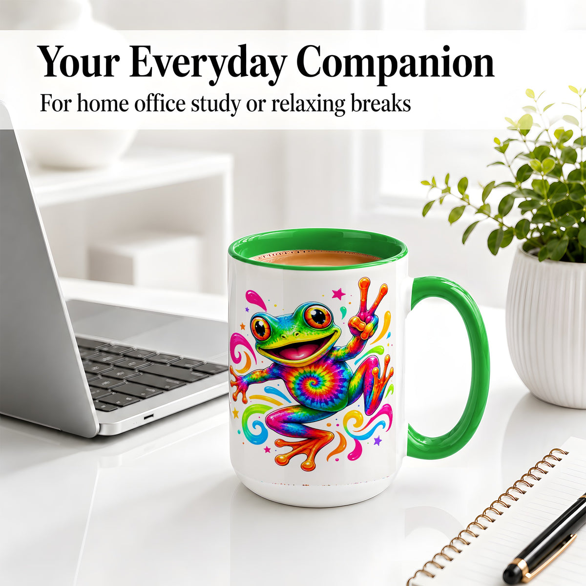 #pl[15oz|Green] Tie Dye Frog Ceramic Mug, Rainbow Peace Sign Colorful Artwork
