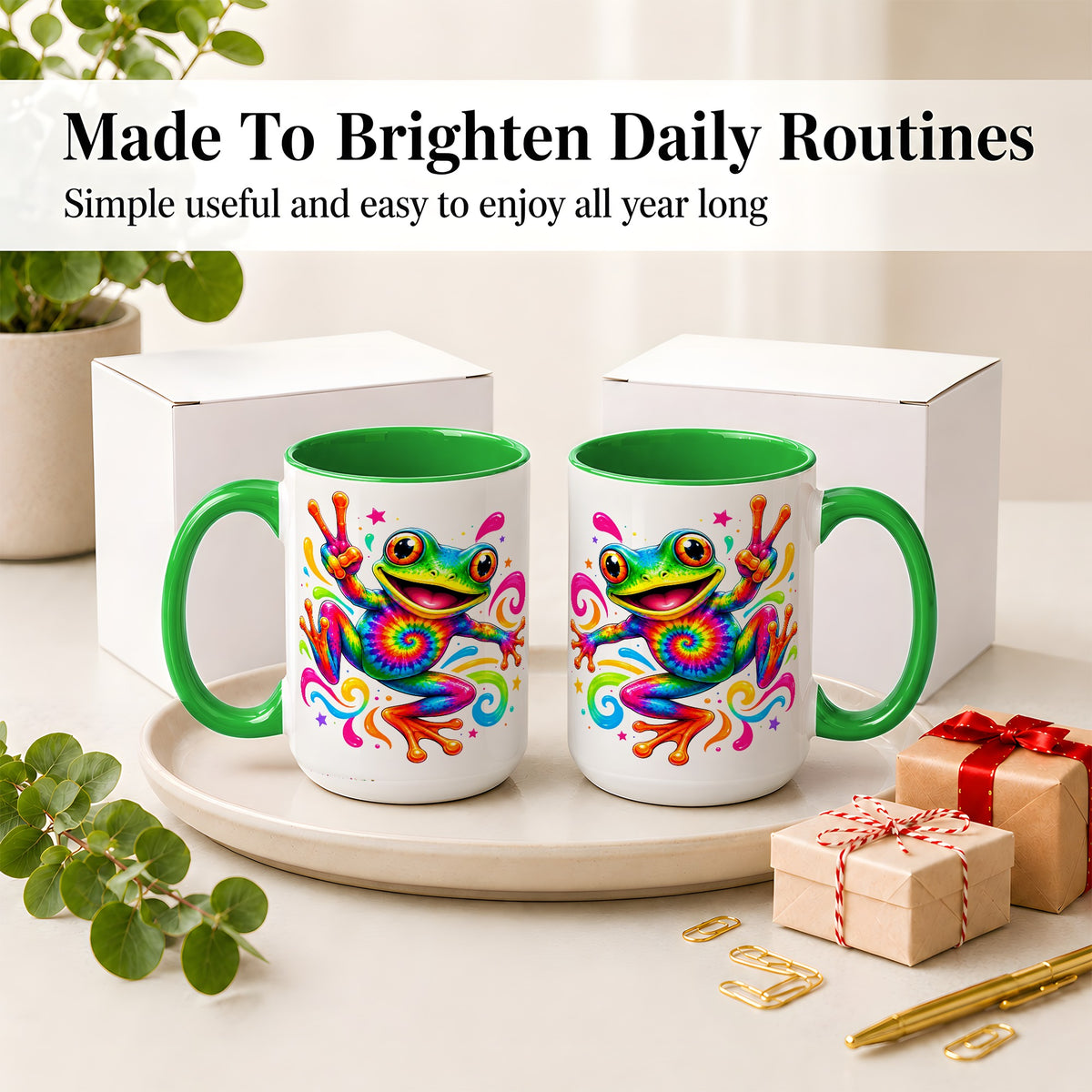 #pl[15oz|Green] Tie Dye Frog Ceramic Mug, Rainbow Peace Sign Colorful Artwork