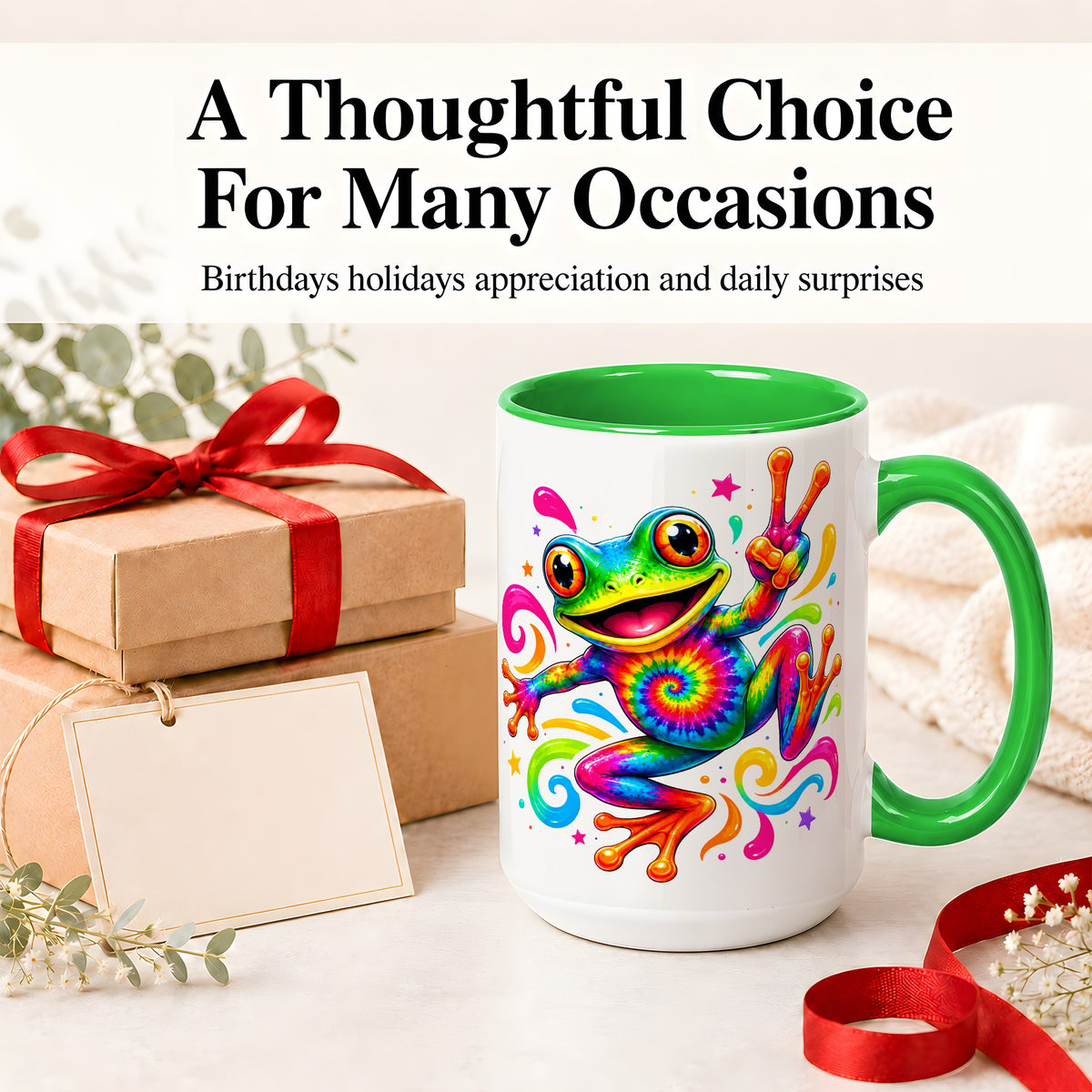 #pl[15oz|Green] Tie Dye Frog Ceramic Mug, Rainbow Peace Sign Colorful Artwork