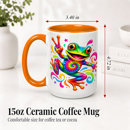 #pl[15oz|Orange] Tie Dye Frog Ceramic Mug, Rainbow Peace Sign Colorful Artwork