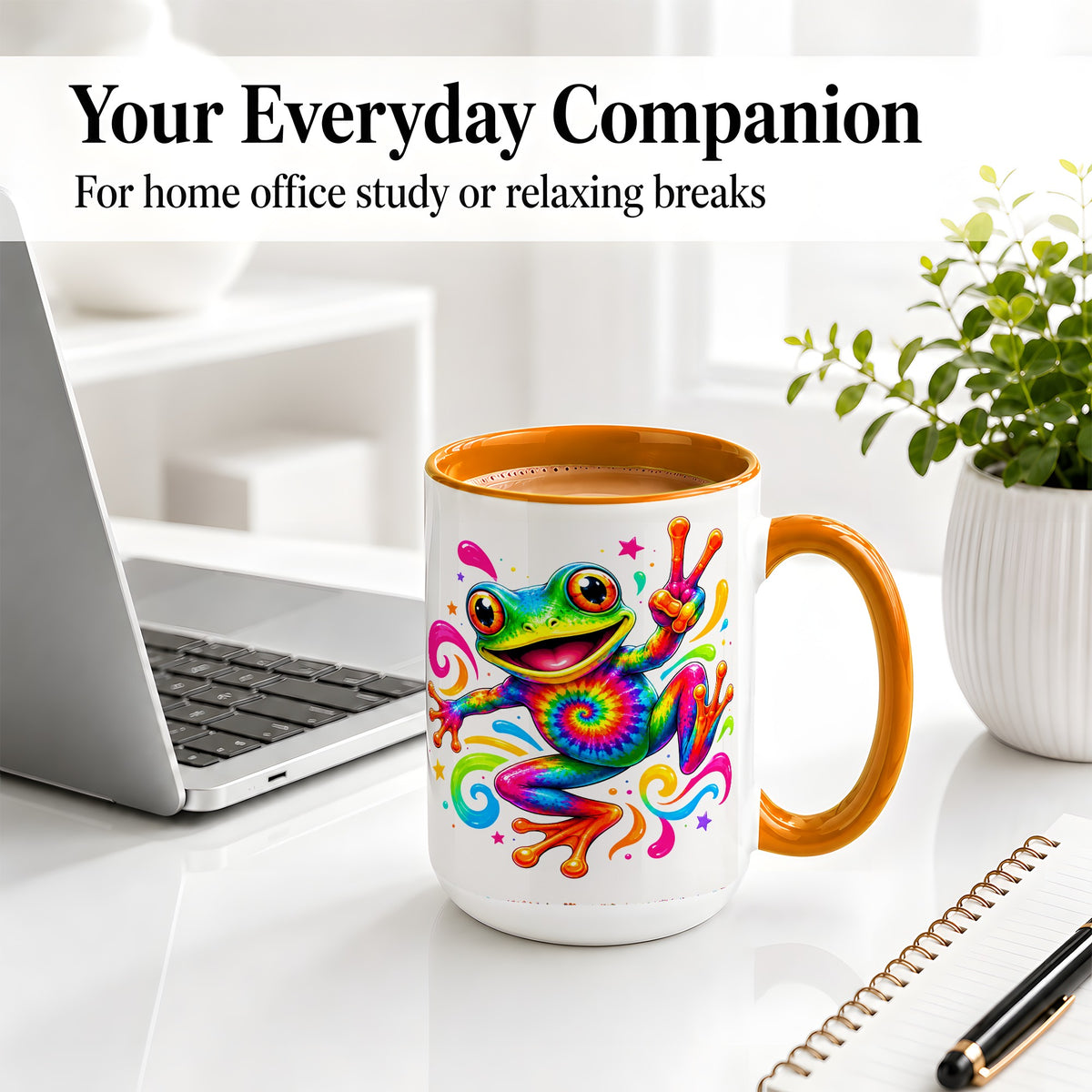 #pl[15oz|Orange] Tie Dye Frog Ceramic Mug, Rainbow Peace Sign Colorful Artwork