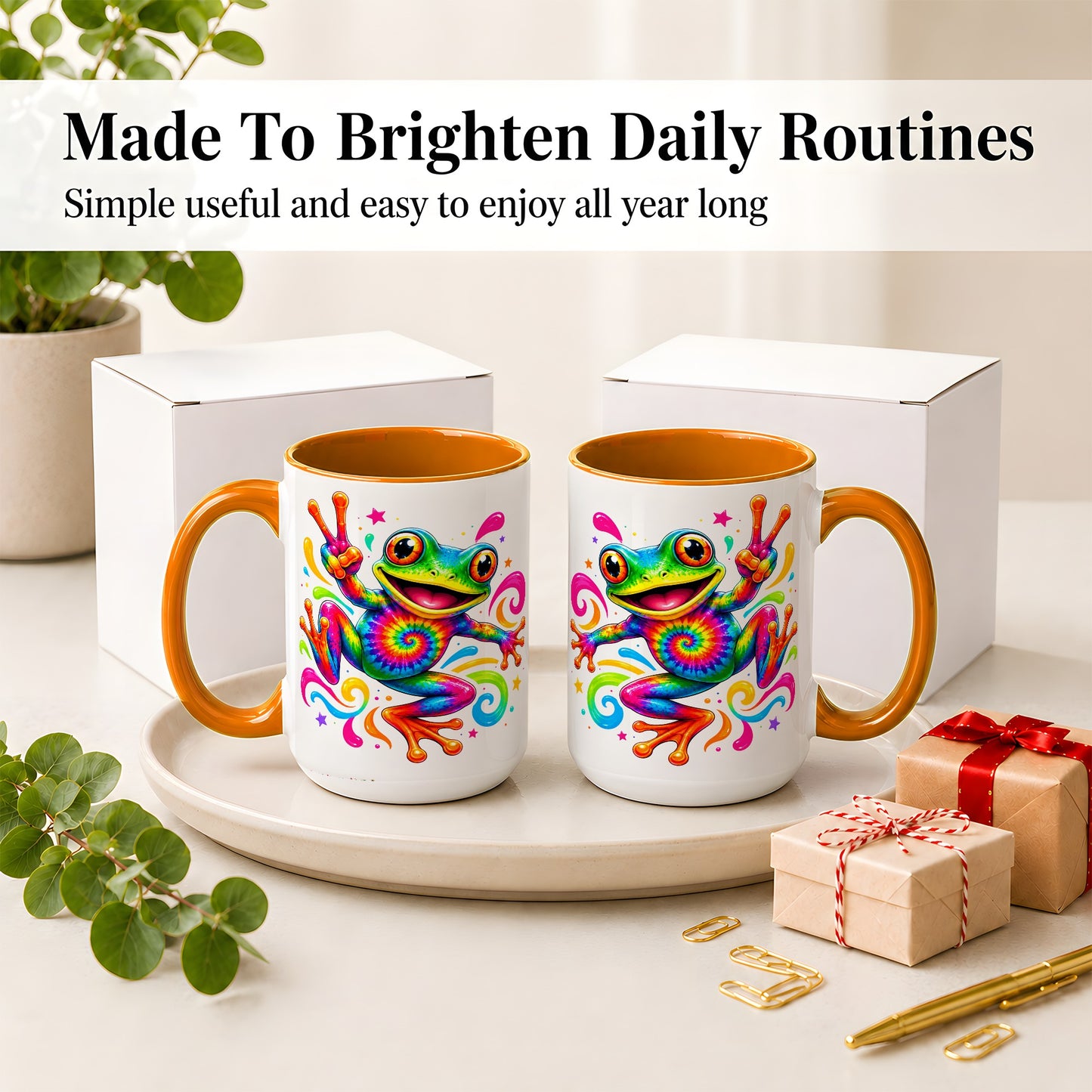 #pl[15oz|Orange] Tie Dye Frog Ceramic Mug, Rainbow Peace Sign Colorful Artwork