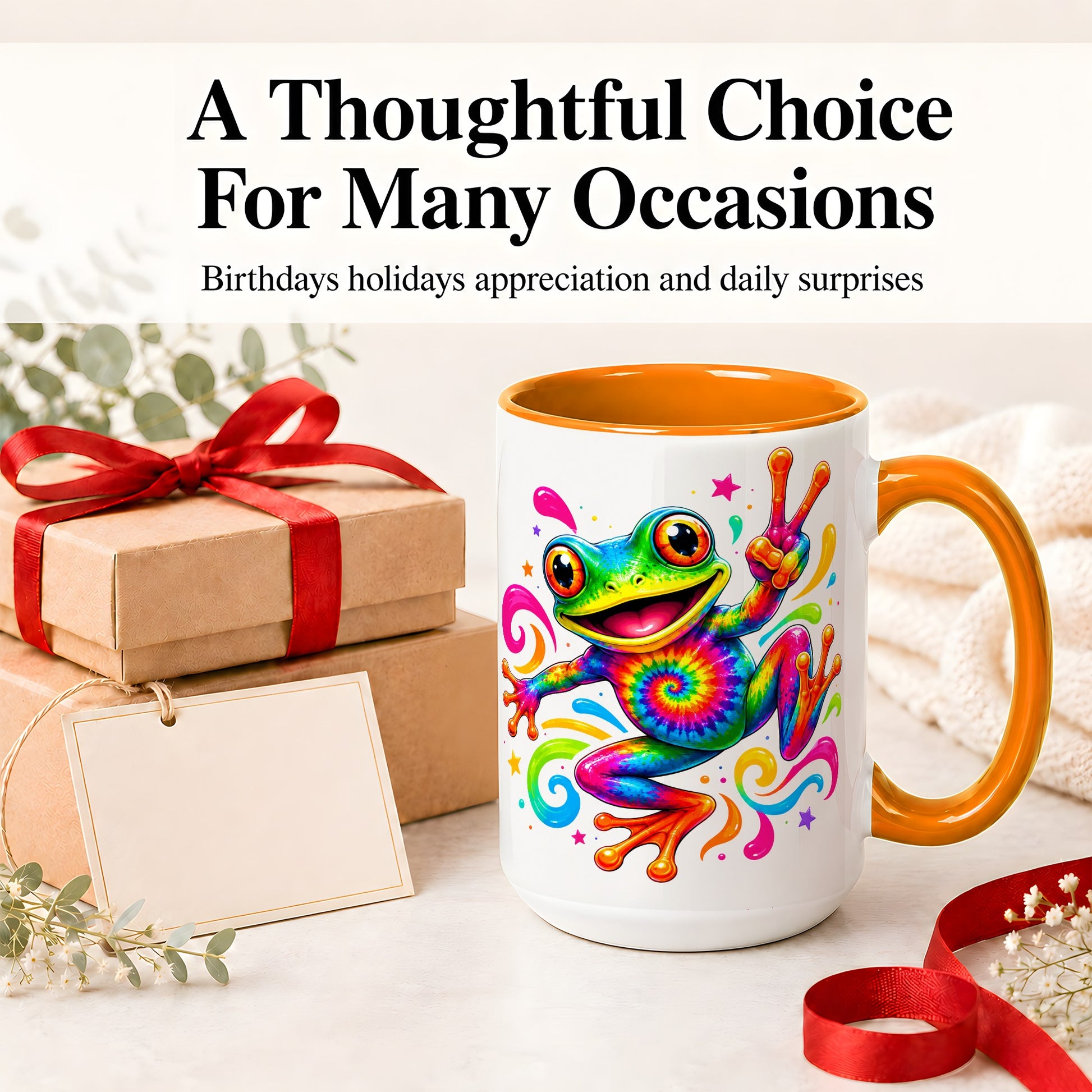 #pl[15oz|Orange] Tie Dye Frog Ceramic Mug, Rainbow Peace Sign Colorful Artwork