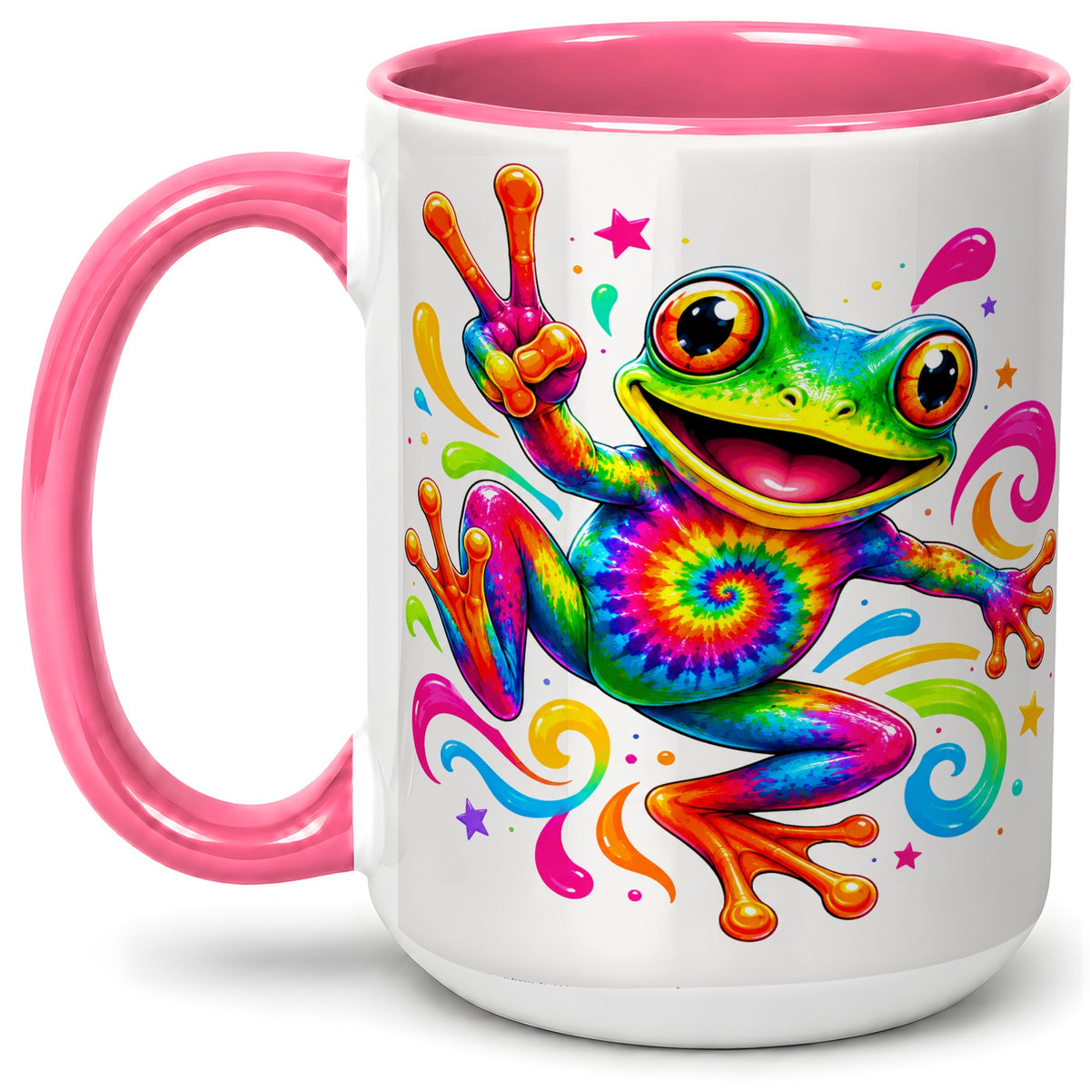 #pl[15oz|Pink] Tie Dye Frog Ceramic Mug, Rainbow Peace Sign Colorful Artwork