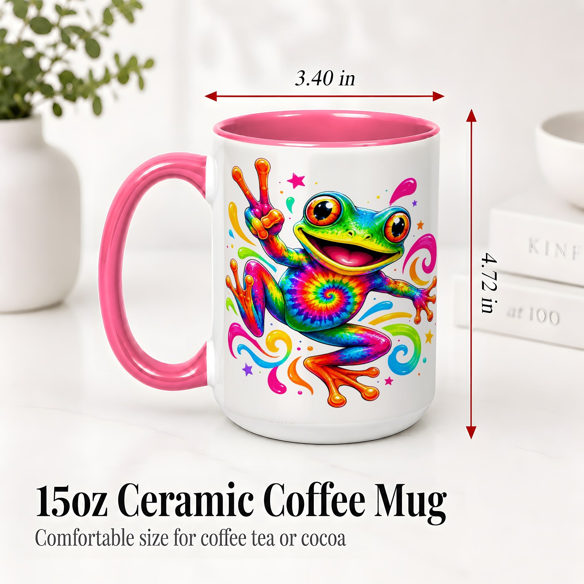 #pl[15oz|Pink] Tie Dye Frog Ceramic Mug, Rainbow Peace Sign Colorful Artwork