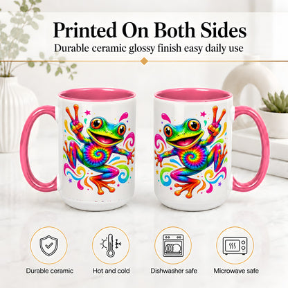 #pl[15oz|Pink] Tie Dye Frog Ceramic Mug, Rainbow Peace Sign Colorful Artwork