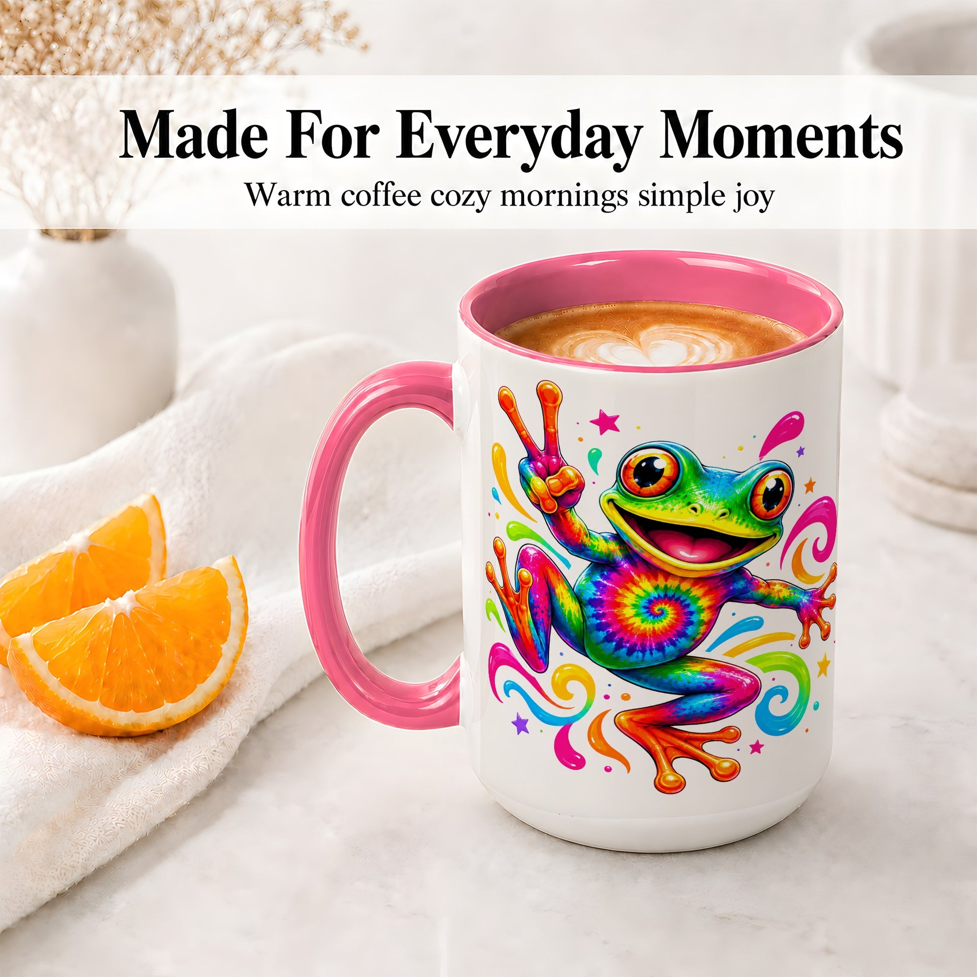 #pl[15oz|Pink] Tie Dye Frog Ceramic Mug, Rainbow Peace Sign Colorful Artwork