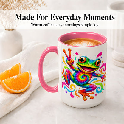 #pl[15oz|Pink] Tie Dye Frog Ceramic Mug, Rainbow Peace Sign Colorful Artwork