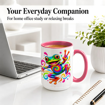 #pl[15oz|Pink] Tie Dye Frog Ceramic Mug, Rainbow Peace Sign Colorful Artwork
