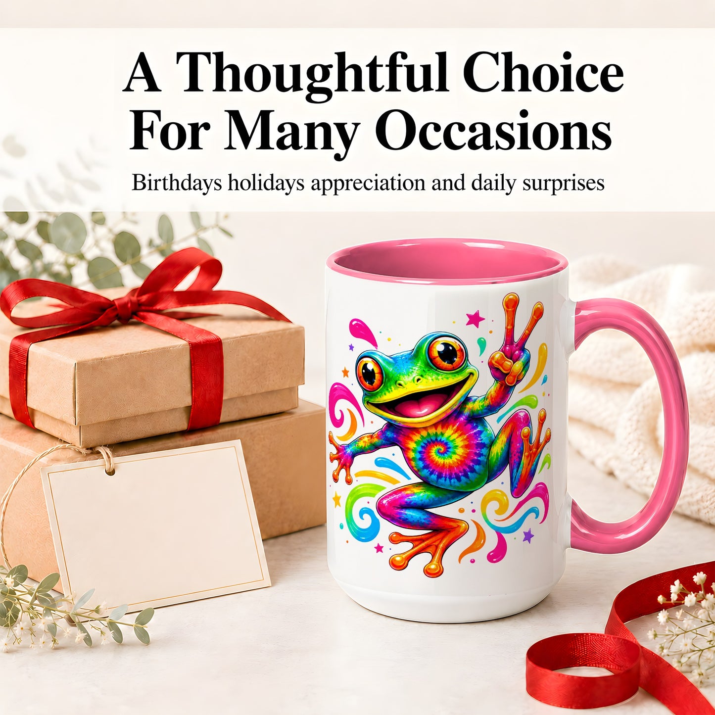 #pl[15oz|Pink] Tie Dye Frog Ceramic Mug, Rainbow Peace Sign Colorful Artwork