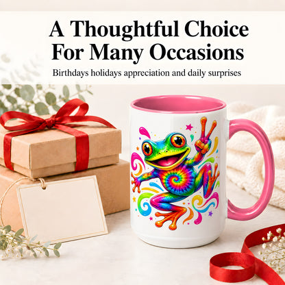 #pl[15oz|Pink] Tie Dye Frog Ceramic Mug, Rainbow Peace Sign Colorful Artwork