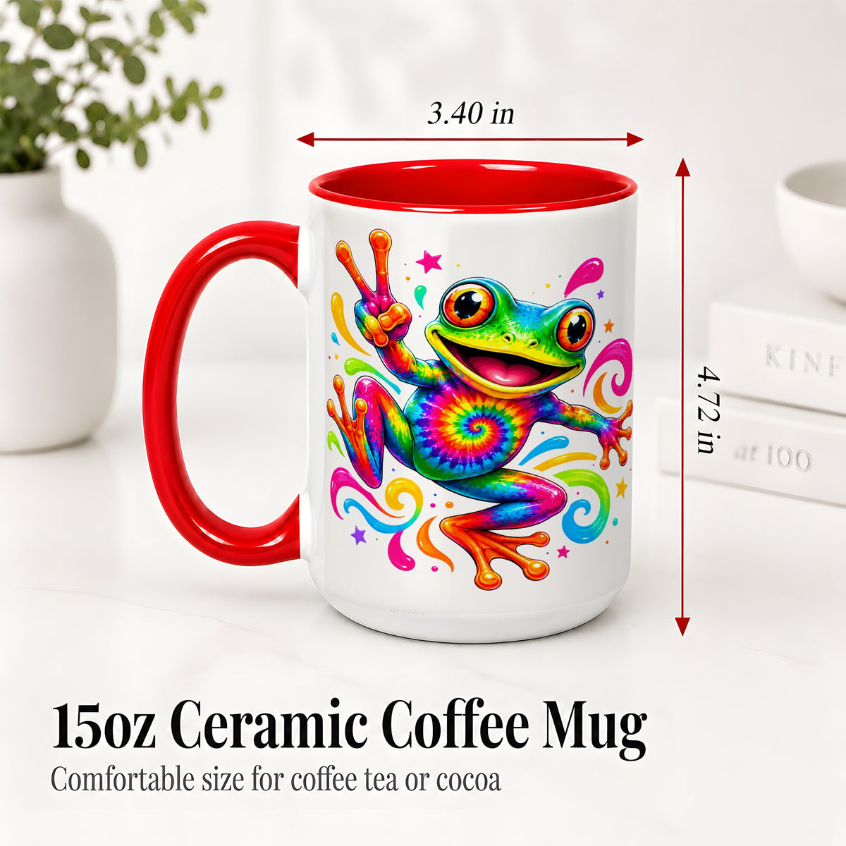 #pl[15oz|Red] Tie Dye Frog Ceramic Mug, Rainbow Peace Sign Colorful Artwork