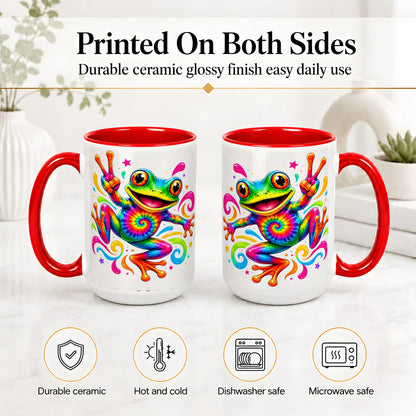 #pl[15oz|Red] Tie Dye Frog Ceramic Mug, Rainbow Peace Sign Colorful Artwork