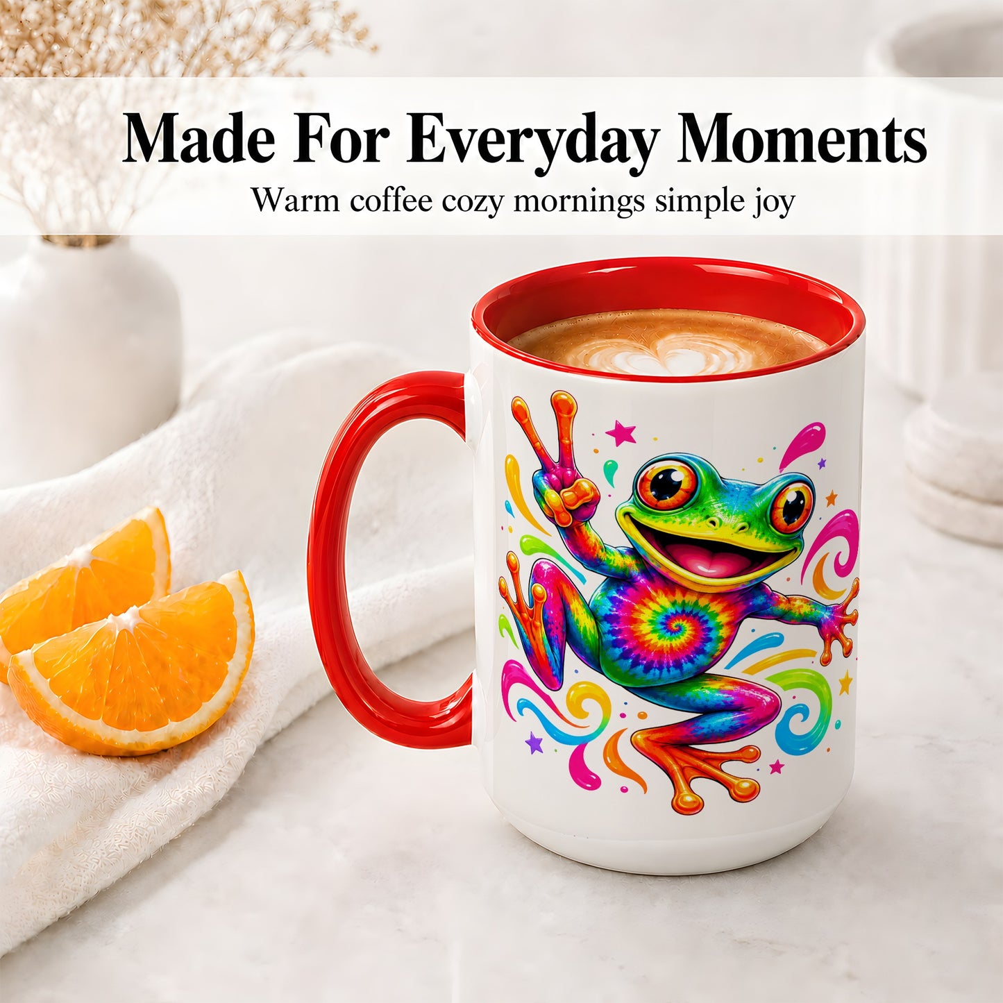 #pl[15oz|Red] Tie Dye Frog Ceramic Mug, Rainbow Peace Sign Colorful Artwork