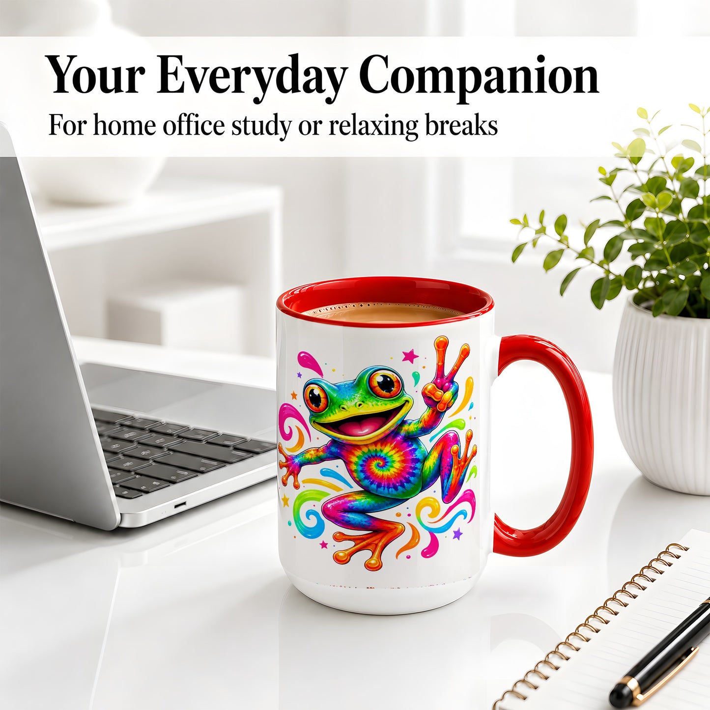 #pl[15oz|Red] Tie Dye Frog Ceramic Mug, Rainbow Peace Sign Colorful Artwork