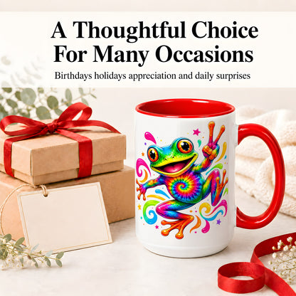 #pl[15oz|Red] Tie Dye Frog Ceramic Mug, Rainbow Peace Sign Colorful Artwork