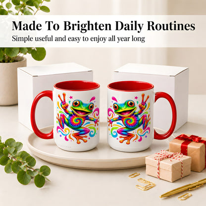 #pl[15oz|Red] Tie Dye Frog Ceramic Mug, Rainbow Peace Sign Colorful Artwork