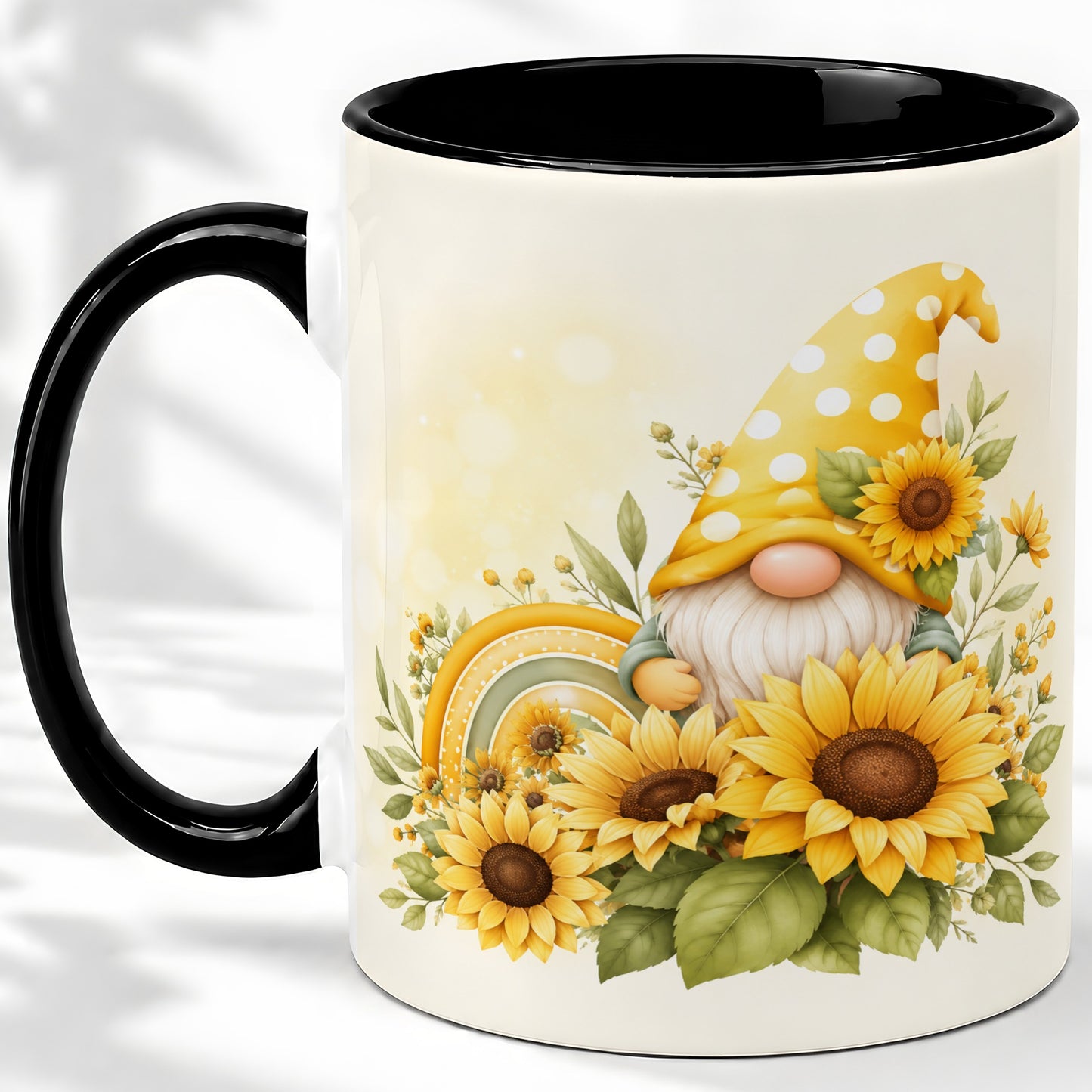 #pl[11oz|Black] Sunflower Gnome Ceramic Mug, Yellow Floral Rainbow Garden Artwork
