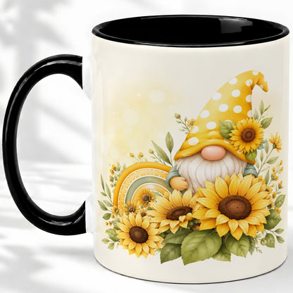 #pl[11oz|Black] Sunflower Gnome Ceramic Mug, Yellow Floral Rainbow Garden Artwork