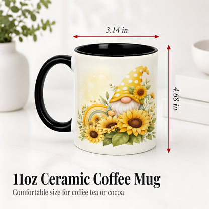 #pl[11oz|Black] Sunflower Gnome Ceramic Mug, Yellow Floral Rainbow Garden Artwork