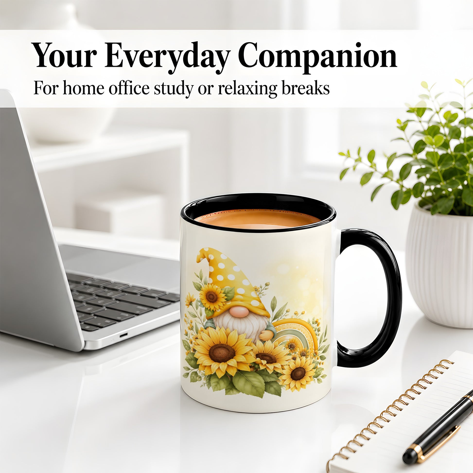 #pl[11oz|Black] Sunflower Gnome Ceramic Mug, Yellow Floral Rainbow Garden Artwork