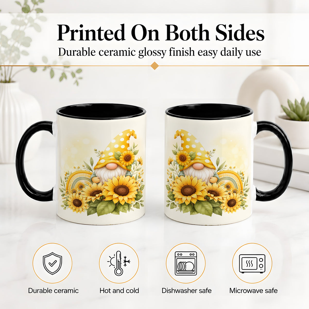 #pl[11oz|Black] Sunflower Gnome Ceramic Mug, Yellow Floral Rainbow Garden Artwork