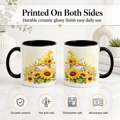 #pl[11oz|Black] Sunflower Gnome Ceramic Mug, Yellow Floral Rainbow Garden Artwork