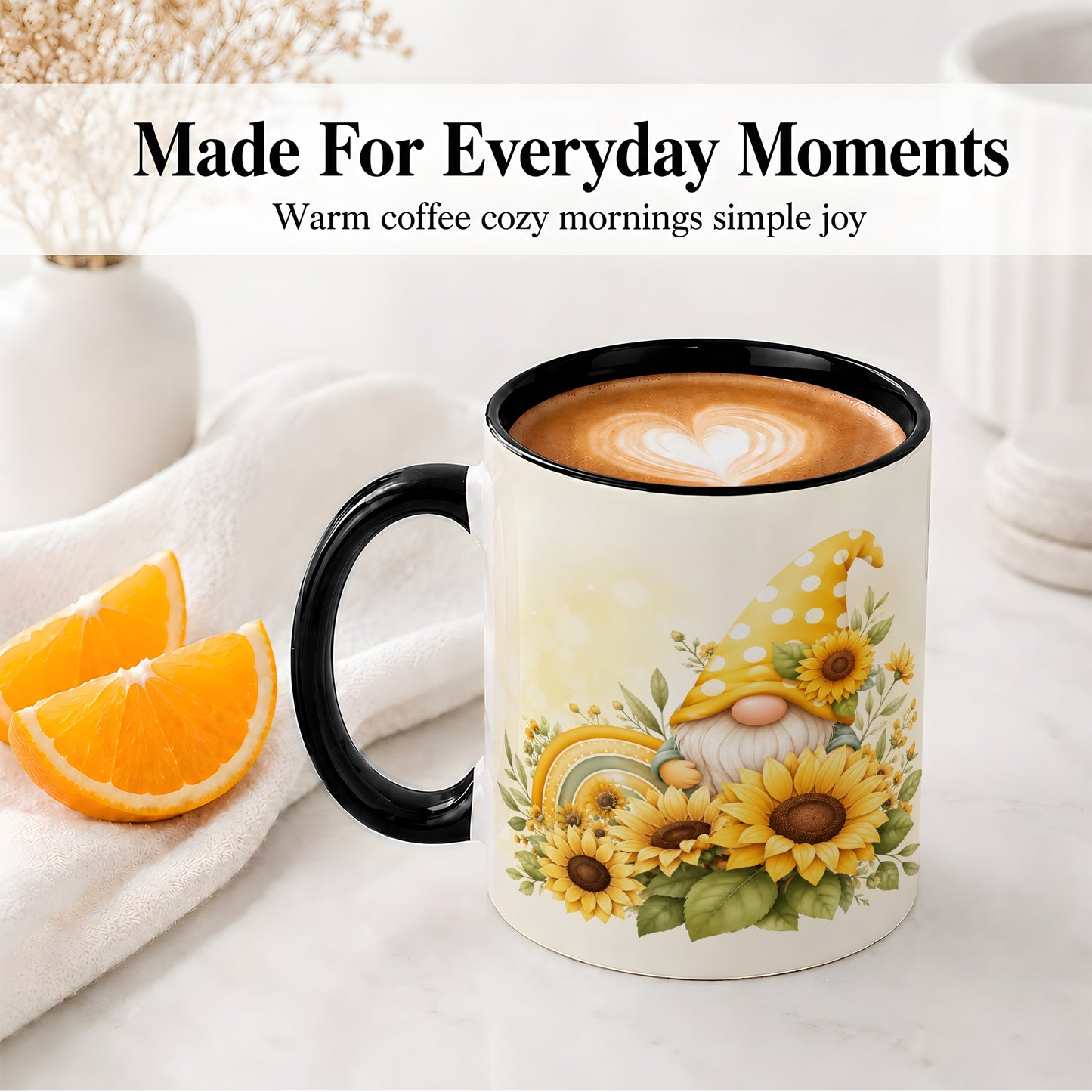#pl[11oz|Black] Sunflower Gnome Ceramic Mug, Yellow Floral Rainbow Garden Artwork