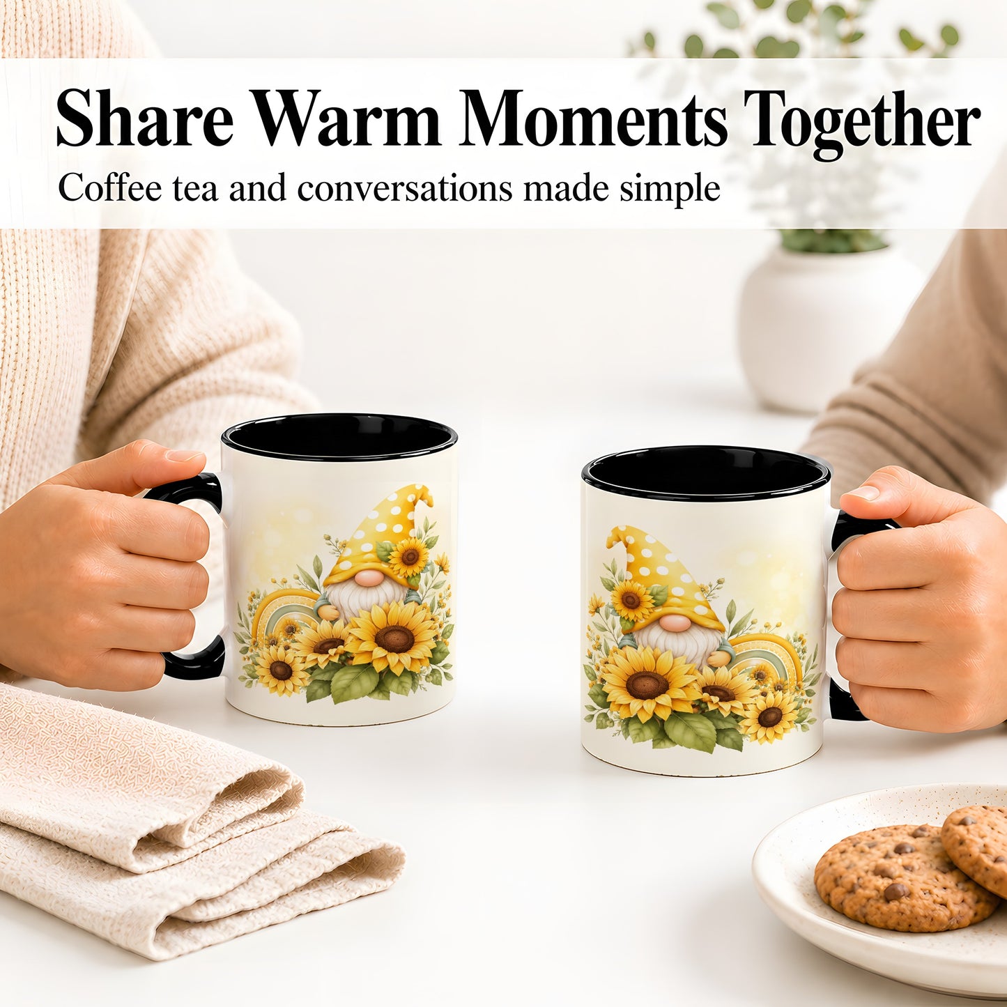 #pl[11oz|Black] Sunflower Gnome Ceramic Mug, Yellow Floral Rainbow Garden Artwork