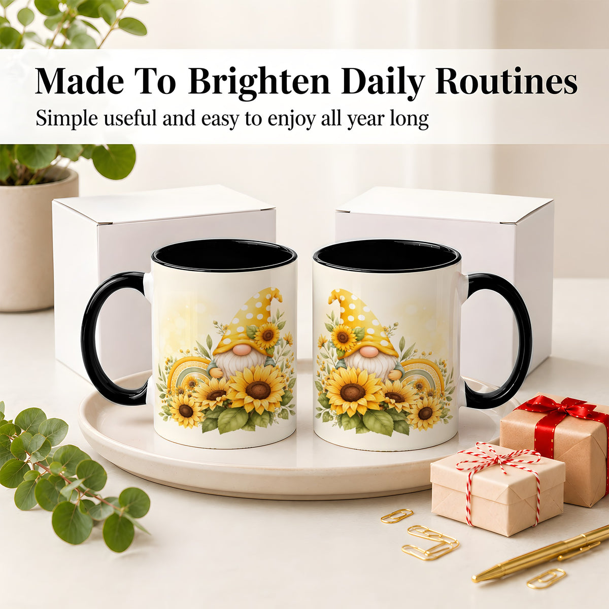 #pl[11oz|Black] Sunflower Gnome Ceramic Mug, Yellow Floral Rainbow Garden Artwork