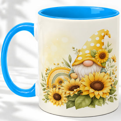 #pl[11oz|Blue] Sunflower Gnome Ceramic Mug, Yellow Floral Rainbow Garden Artwork