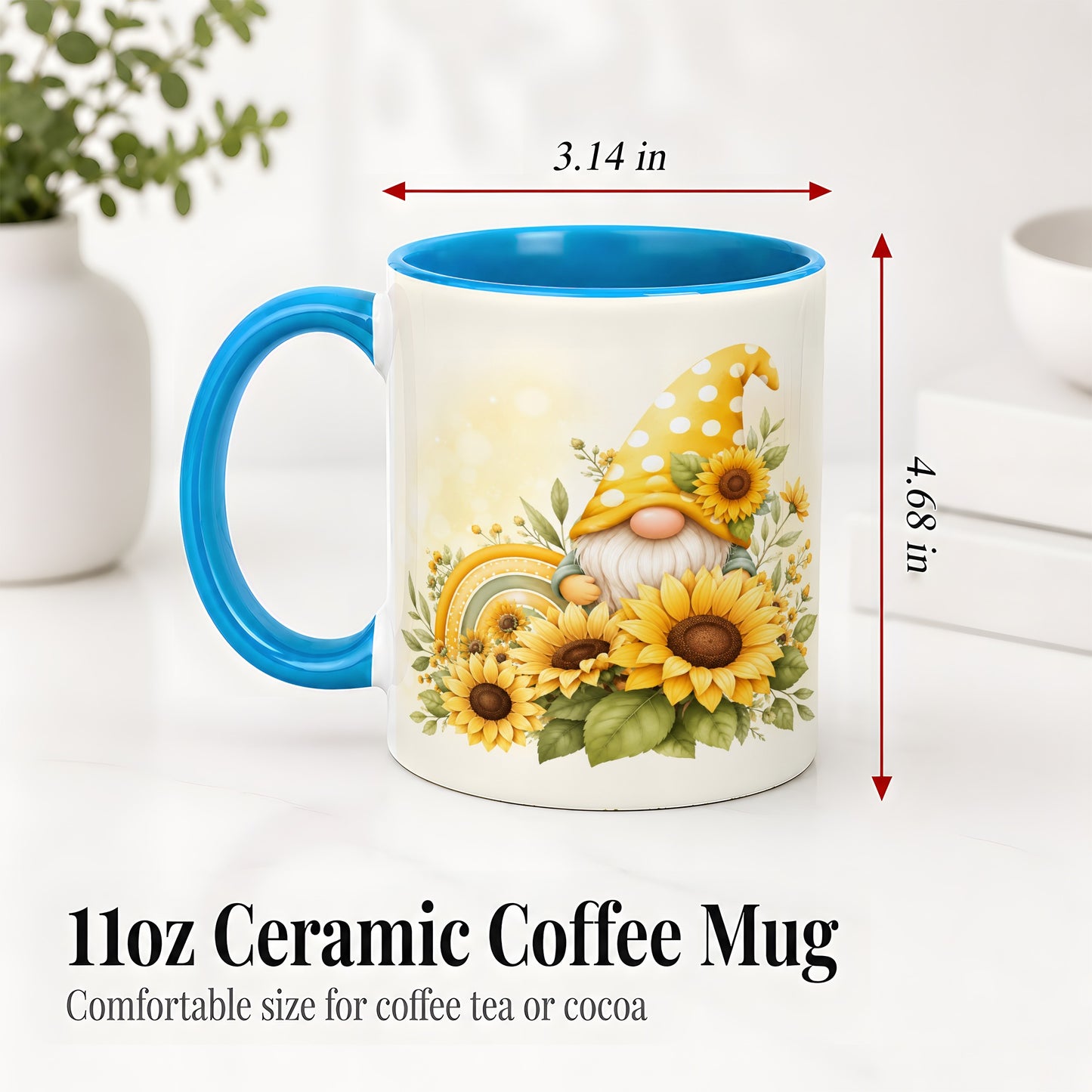#pl[11oz|Blue] Sunflower Gnome Ceramic Mug, Yellow Floral Rainbow Garden Artwork