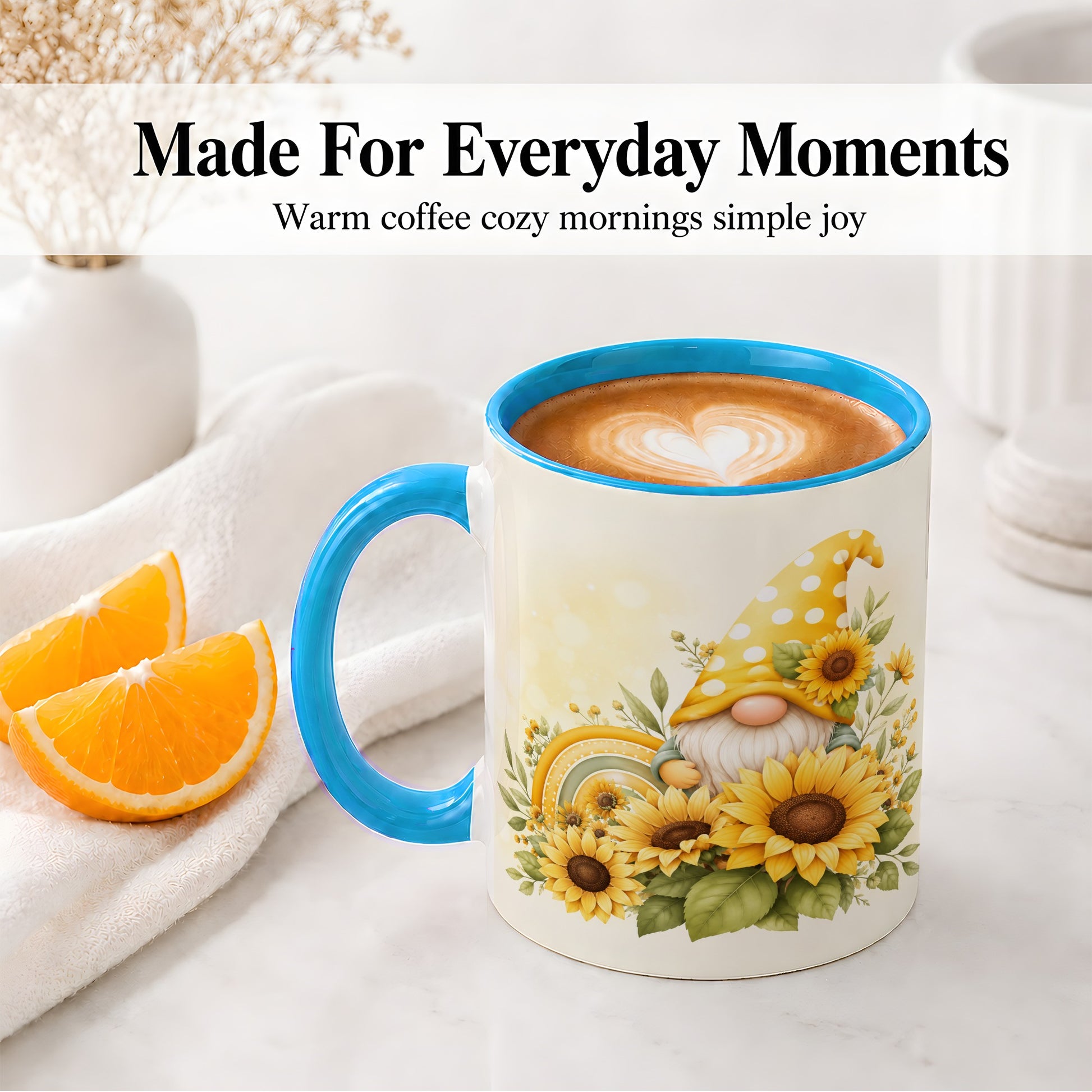#pl[11oz|Blue] Sunflower Gnome Ceramic Mug, Yellow Floral Rainbow Garden Artwork
