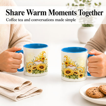 #pl[11oz|Blue] Sunflower Gnome Ceramic Mug, Yellow Floral Rainbow Garden Artwork