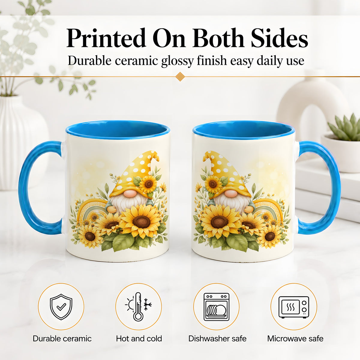 #pl[11oz|Blue] Sunflower Gnome Ceramic Mug, Yellow Floral Rainbow Garden Artwork