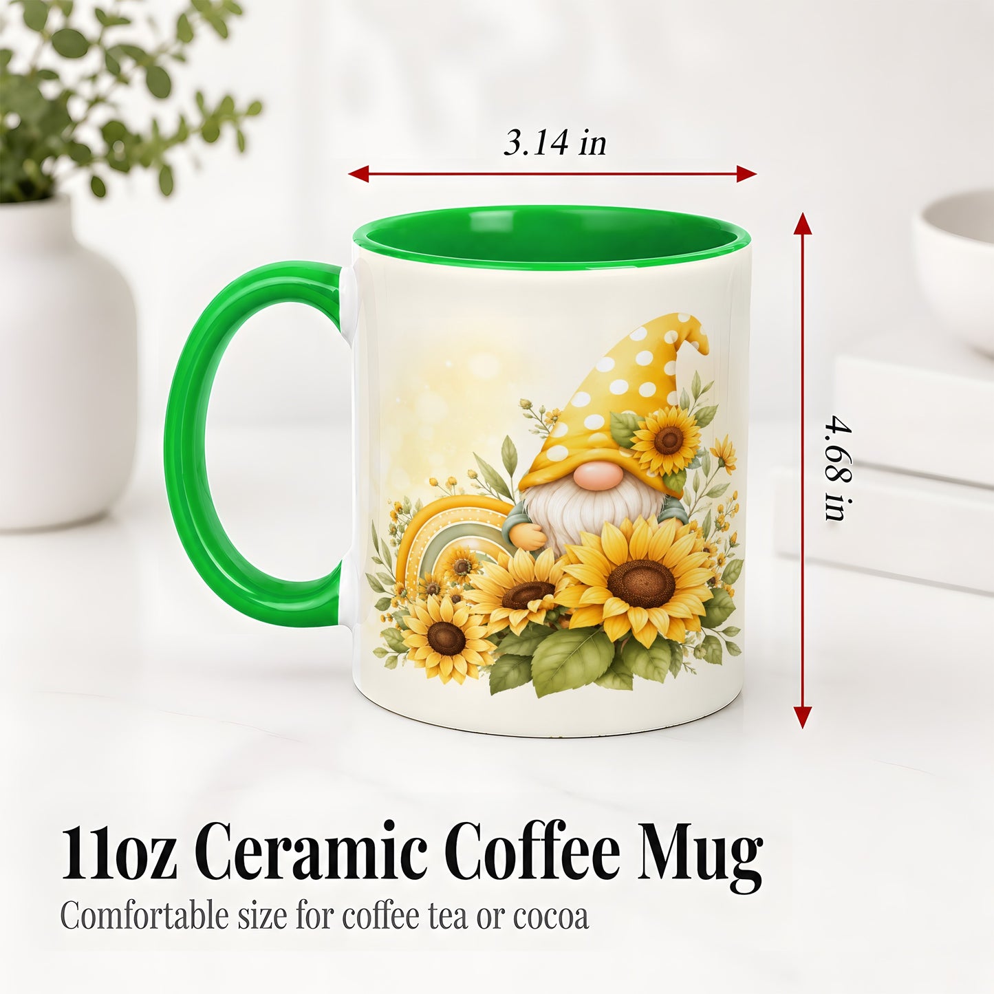 #pl[11oz|Green] Sunflower Gnome Ceramic Mug, Yellow Floral Rainbow Garden Artwork
