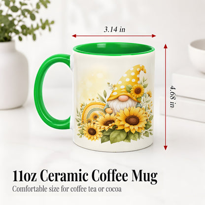 #pl[11oz|Green] Sunflower Gnome Ceramic Mug, Yellow Floral Rainbow Garden Artwork