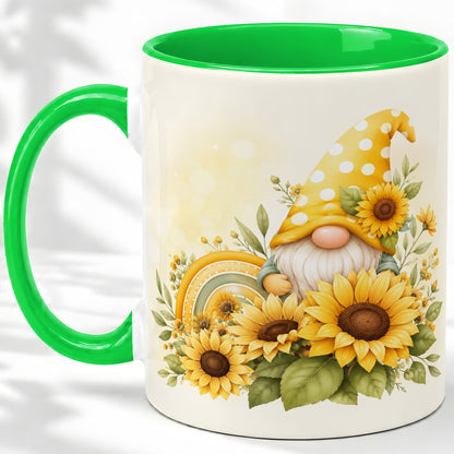 #pl[11oz|Green] Sunflower Gnome Ceramic Mug, Yellow Floral Rainbow Garden Artwork
